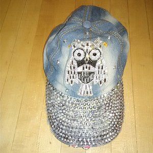 Distressed Denim Baseball Cap with Rhinestone and Owl Trim
